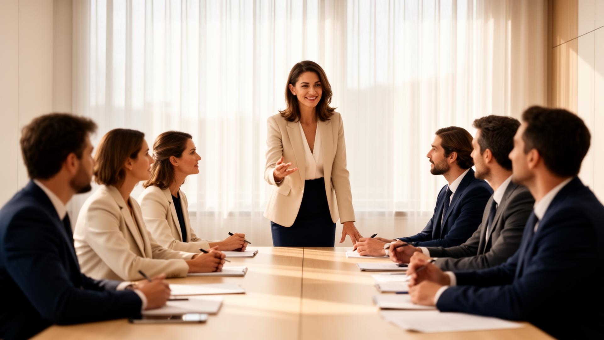Sessão de educação corporativa premium com facilitadora e executivos